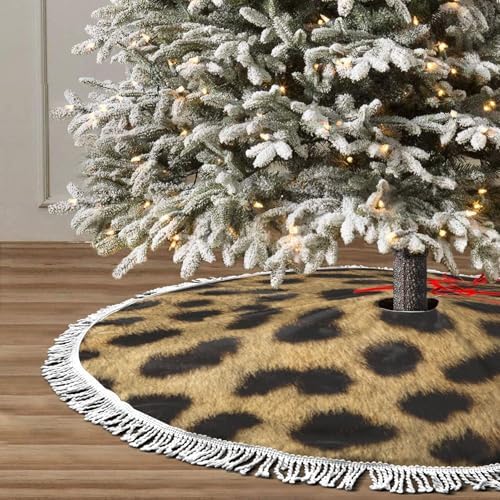 Christmas Tree Skirt 36" Inch Leopard Animal Print Xmas Tree Skirt Mat with White Tassel for Party Holiday, Tree Skirt Christmas Decorations by GHYGTY