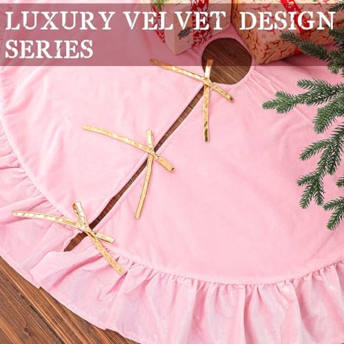 Velvet Christmas Tree Skirt, 60 Inches, Bow Style, Pink - Image 7