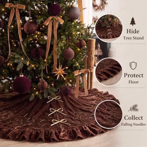 Velvet Christmas Tree Skirt, 60 Inches, Bow Style, Brown - Image 4