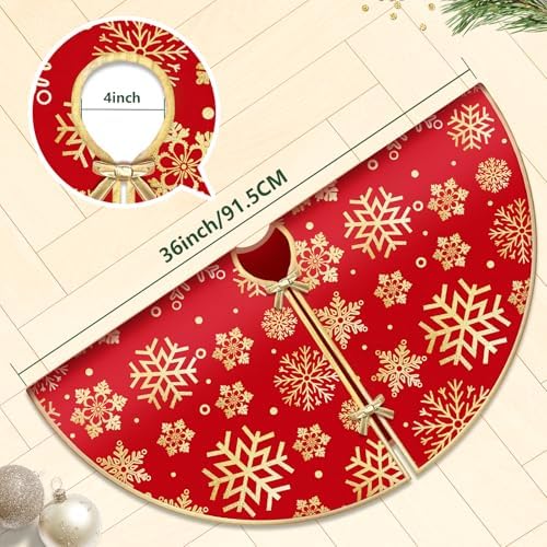 DeckTheHalls 36 Inch Christmas Tree Skirt, Snowflake Round Red Tree Skirt - Image 2