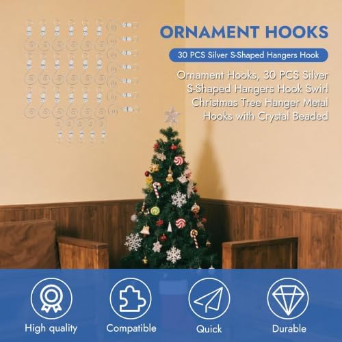 30 Pcs Christmas Ornament Hooks, S-Shaped Decorative Hangers with Crystal Beaded, Metal Wire Hooks for Christmas Tree Decorations, Suncatcher & Party Crafts (Silver & Crystal Beads) - Image 5