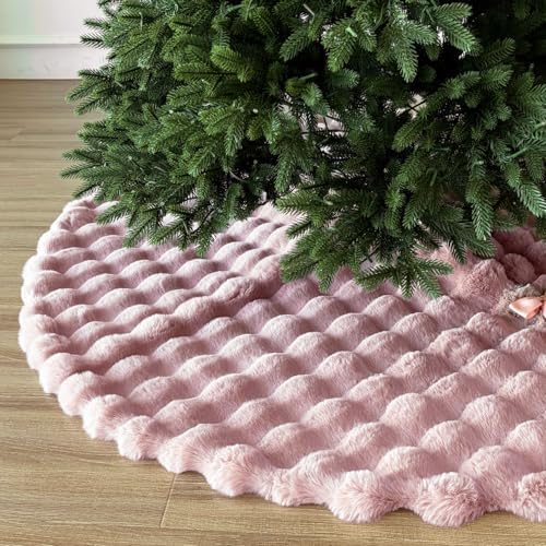 60-Inch Puff Quilt Faux Fur Christmas Tree Skirt, Soft Plush Tufted Texture with Satin Ribbon Ties, Baby Pink - Image 3
