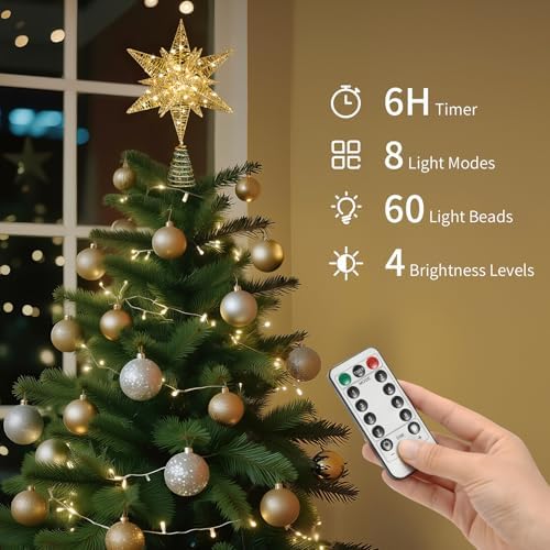 Lewondr Christmas Star Tree Topper, 14.6" Lighted Glitter 3D Star Treetop - Image 2