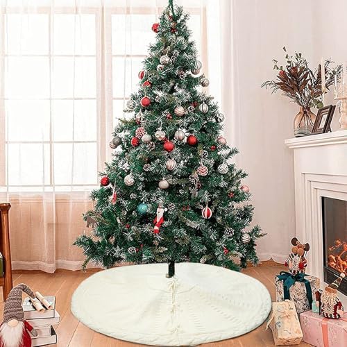 White Christmas Tree Skirt 24 Inch, Knitted Tree Skirt for 4Ft Pencil Tree, Vintage Thick Small Tree Skirt for Christmas Trees Decoration, Xmas Home Indoor Farmhouse Decorations - Image 6
