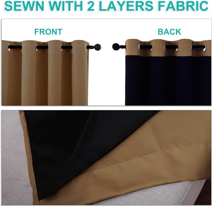 NICETOWN 100% Blackout Short Curtains with Black Liners, 2 Panels, 37" W by 60" L, Gold Brown, Solid Thermal Insulated Full Blackout 2-Layer Lined Drapes, Energy Efficiency Window Drapes for Bedroom