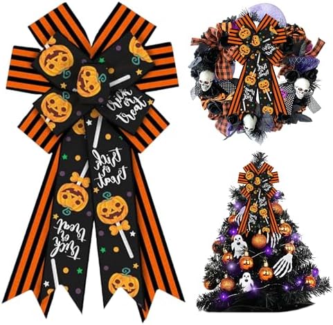 Large Halloween Pumpkin Tree Topper Bow, Orange Black Wreath Bow by HIENAJ