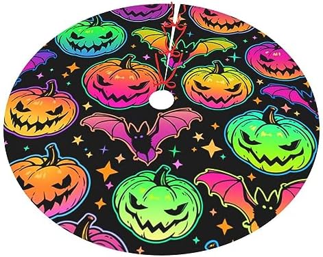 Neon Scary Bat Pumpkin Skull Halloween Colorful 36 Inch Christmas Tree Skirt Carpet Mat Funny Party Decor Supplies for Xmas Halloween Decorations Occasion Ornament - Image 2