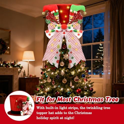 Christmas Tree Topper Hat Lighted, Large Red Bow Christmas Tree Topper with Warm Light Bulbs, Lighted Red Velvet Hat with Elf Legs Christmas Tree Decorations for Home Office Holiday Tree Decor - Image 4