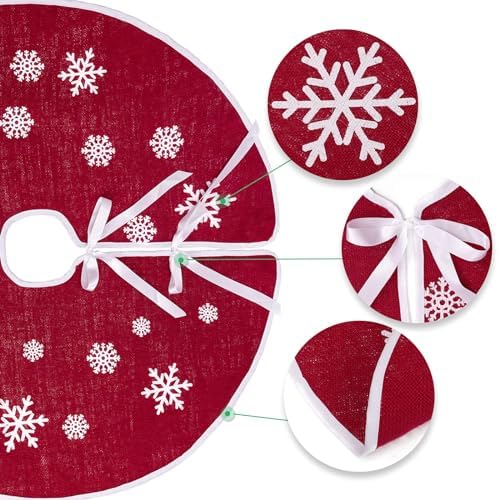 30 Inch Red Burlap Christmas Tree Skirt with White Snowflakes - Image 3