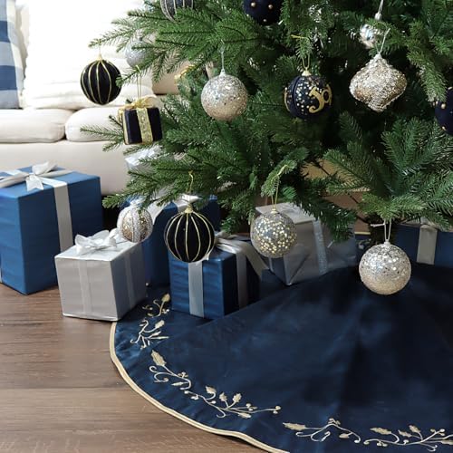 Bunny Chorus Christmas Tree Skirt, 48 inches Large Velvet Fur Plush Blue Tree Skirt, Xmas Tree Skirts with Gold Embroidered Holly Leaf for Merry Christmas Party Christmas Tree Decorations - Image 6