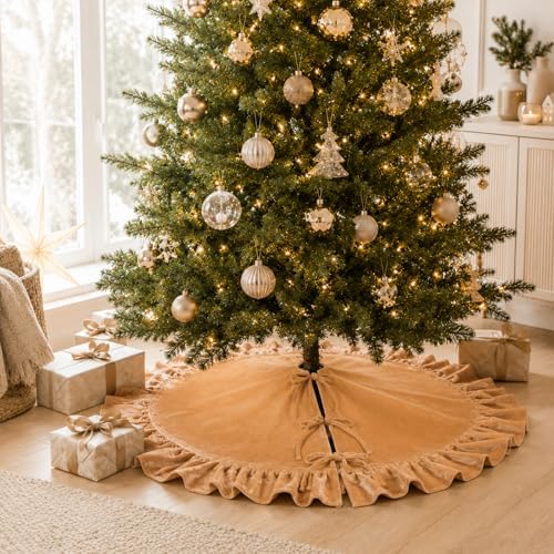 48-Inch Khaki Ruffled Velvet Christmas Tree Skirt with 3 Bow Ties, Large Round Vintage Xmas Tree Base Cover for Holiday Home and Party Decor, 122 cm - Image 4