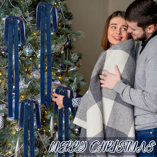 Janinka 12 Long Haze Blue Christmas Velvet Bow Ornament Vintage Tree Decor - Image 4