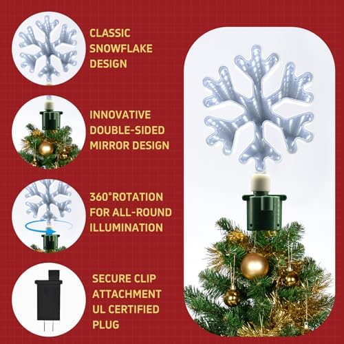 Christmas Tree Topper Lighted with White LED Lights, 360° Rotating Snowflake Tree Topper Ornament with Clip, Infinity Mirror Tree Topper Snowflake for Xmas Party Holiday Christmas Decorations - Image 4