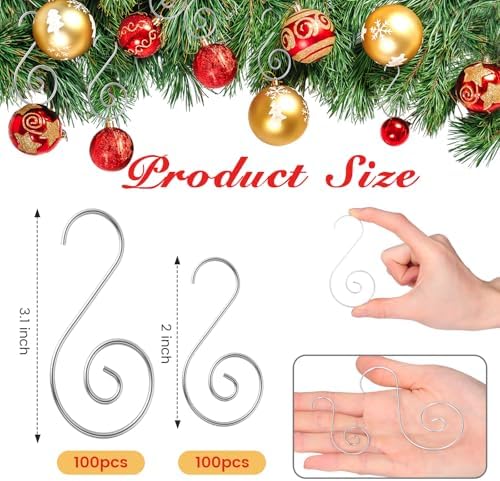 Teenyyou 200 Pcs Christmas Ornaments Hooks, 2 Inch and 3.1 Inch S Shaped Christmas Tree Ornament Hangers Xmas Swirl Metal Hanging Hooks for Xmas Tree Balls Decoration(Silver) - Image 2