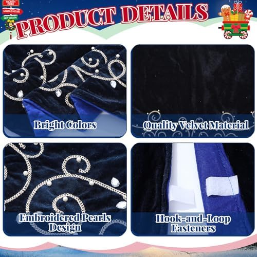 48inch Christmas Tree Skirt Navy Blue Luxury Velvet Plush Fur Skirts Baroque Tree Skirts with Gold Embroidered Pearls and Crystals Xmas Velvet Trees Skirt for Christmas Holiday Party Home Decorations - Image 3