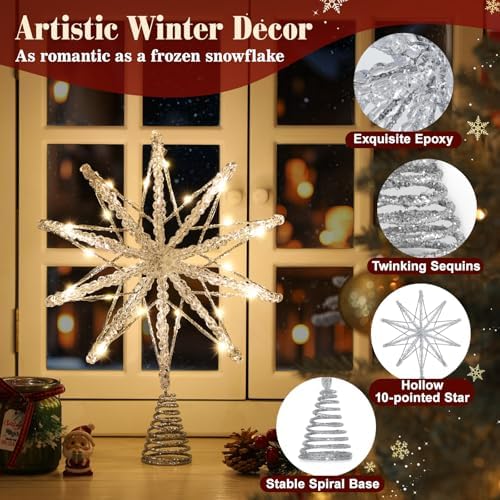 Lewondr Christmas Tree Topper Star, 13.8 Inch 10-Pointed Star Treetop with Glittered Epoxy, Remote & USB Powered Xmas Stars Treetop for Christmas Tree Decoration, 6H Timer & 8 Modes, Silver - Image 3