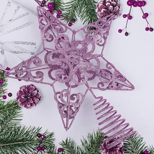Aneco 10 Inches Christmas Tree Topper Star Metal Glittered Star Treetop Decoration Hollow-Out Star Topper Decoration for Christmas Home Decor, Purple - Image 5