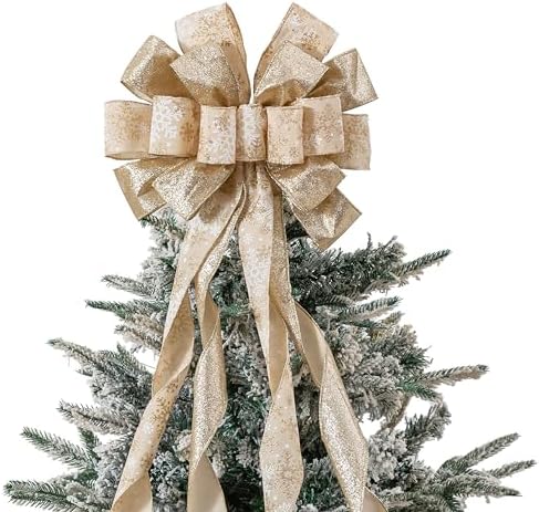Christmas Tree Topper, 40x13 Inches Toppers Bow with Glitter Satin Mesh Streamer and Patterned Ribbon, Christmas Tree Topper Bow for Christmas Home Decoration (Champagne Gold) by CANGBI