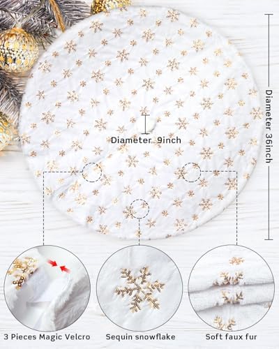 COOLWUFAN 36 Inches Faux Fur Christmas Tree Skirt, Gold Sequin Snowflake - Image 4