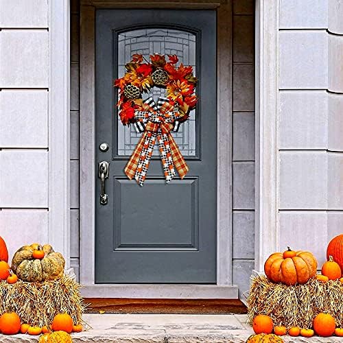 Large Fall Bows for Wreath, Thanksgiving Pumpkins Wreath Bow Orange Buffalo Plaid Burlap Bows Autumn Tree Topper Bow for Front Door Thanksgiving Party Decoration Supplies - Image 4