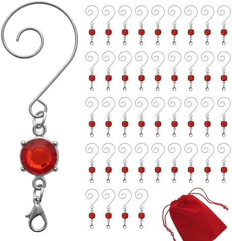 Christmas Ornament Hooks with Red Crystal Gems, Set of 40 Decorative Silver Swirl S-Hooks with Lobster Claw Clips, 3 Inch Jewelry-Style Ornament Hangers for Christmas Tree Decorations by BANBERRYDESIGNS