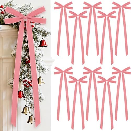 10 Pcs Dusty Pink Velvet Bows 22"x8" Pre-Tied Christmas Ornaments by Glitinsel