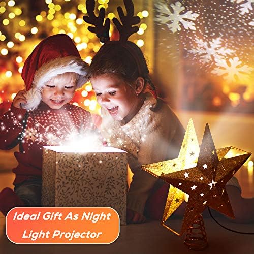 IPOW LED Snowflake Projector Star Christmas Tree Topper, 11.3'' Golden Glittered Star Treetop Lighted Rotating Snow Flake for Christmas Tree Decoration, Ideal as LED Night Light Projector for Children - Image 4