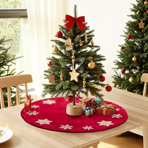 Lanpn Christmas Tree Skirt 16 inch, Velet Xmas Tree Skirt with Embroidery Snowflake Winter Christmas Tree Mat for Small mini Silm Pencil Tree Winter Holiday Indoor Xmas Decor (Red, 40cm) - Image 2