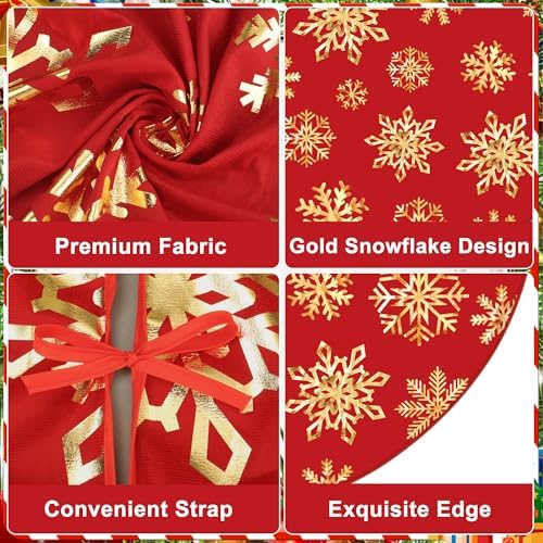 48 Inch Christmas Snowflake Tree Skirt Gold Snowflake Red Christmas Tree Skirt Large Red Round Xmas Trees Mat with Gold Snowflakes for Winter Holiday New Year Party Xmas Trees Home Decor - Image 3