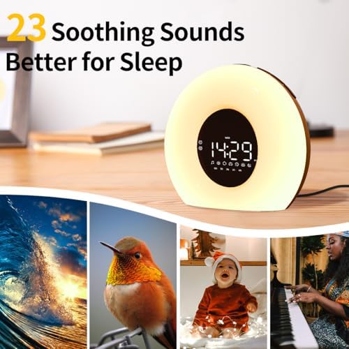 Wake Up Light Sunrise Alarm Clock for Bedroom Sunrise Sunset Simulation 23 Natural Sounds 13 Colors Night Light Dual Alarms and Snooze Sleep Aid for Heavy Sleepers Kids Adults (Wood Grain) - Image 5