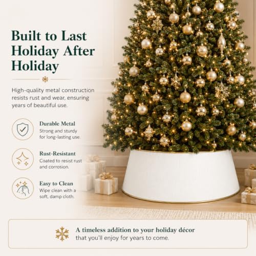 White Tree Collar, Holiday Tree Skirt Alternative, Christmas Decorations for Tree, Metal Christmas Tree Skirt, Xmas Tree Collar, Premium White & Gold Finish - Image 2