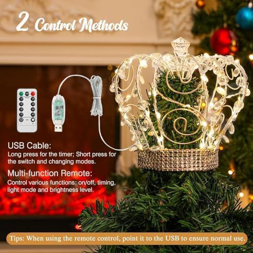Lewondr Jeweled Crystal Crown Christmas Tree Topper with 50 Warm LED Lights - Image 4