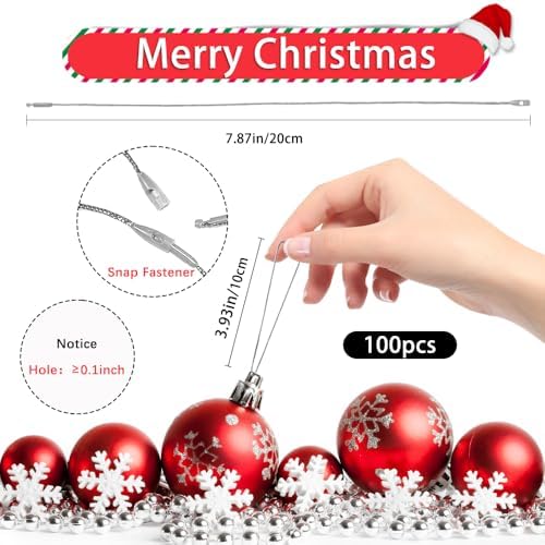 Christmas Ornament Hangers String, 100 Pcs PreCut Ornament Hook for Christmas Trees, Ornament String Silver, Safe Ornament Ribbon Hangers for Xmas Holiday Party Hanging Decorations with Snap Fastener - Image 2