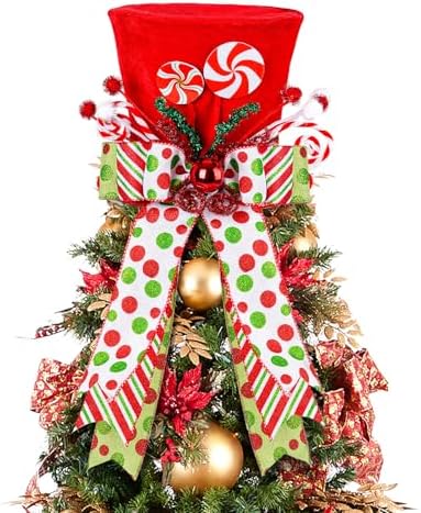 Candy Cane Christmas Tree Topper Hat, Red Velvet Hat,Polka Dot Bow Topper by CRCZK