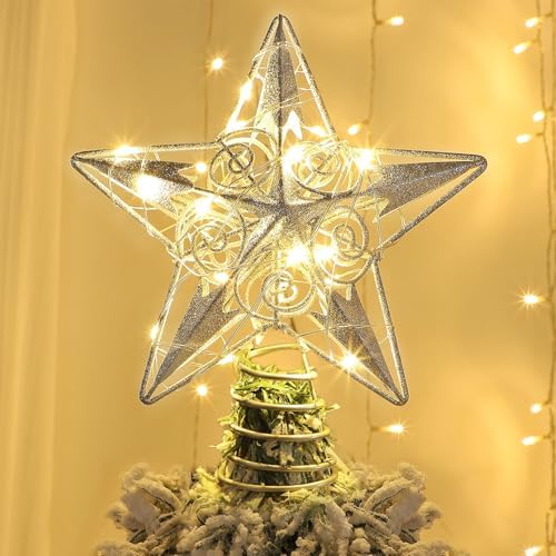 Juegoal Star Tree Topper with 20 LED Lights, Metal Silver Lighted Treetop Ornaments, Battery Powered Light Up Christmas Tree Decorations, 6.5 x 6.5 Inches by Juegoal
