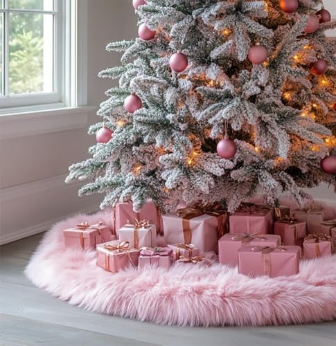AOGU 72 Inch Faux Fur Christmas Tree Skirt Pink Plush Skirt for Merry Christmas Party Christmas Tree Decoration by AOGU