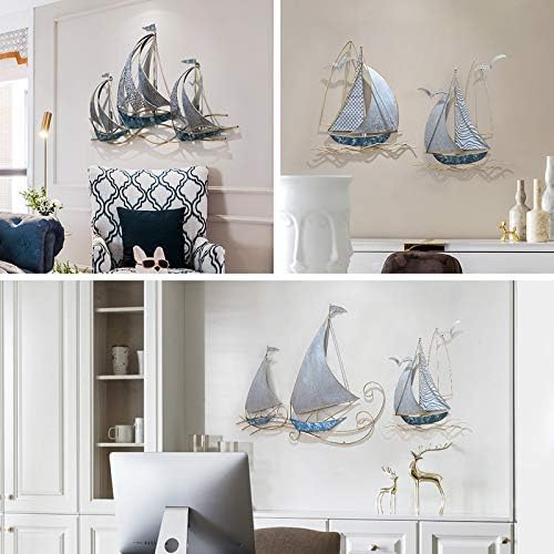 WANGLE Metal Sailboat Wall Decor, 3D Nautical Ship Wall Sculptures, 34.02" L x 21.26" H Handmade Coastal Beach Sailboat Wall Art Decor School Home Hotel Living Room Bedroom Dining Room,A