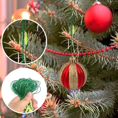 Christmas Hooks for Ornaments, 200 PCS Green Christmas Ornament String Ribbon Hangers with Snap Hanging Ropes Hooks Cords Locking Xmas Holiday Tree Decorations Toddler Proof Adjustable Pendant - Image 5