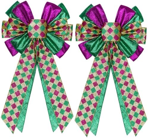 2 Pcs Mardi Gras Bows for Wreaths Decorations,12?€?x20?€? Large Glitter Tree Topper Bow Decor for Holiday Party Wall Home Front Door Float Golf Cart Gold Green Purple by brand