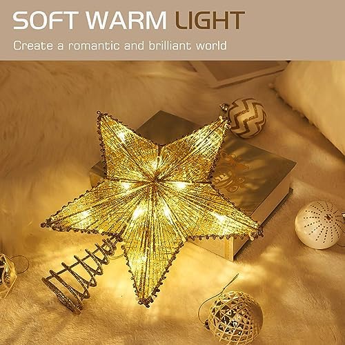 Lewondr Lighted Christmas Star Tree Topper with Remote & Timer, Champagne - Image 2