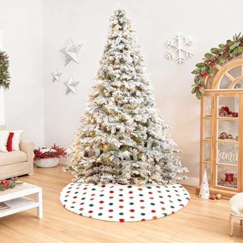 Christmas Tree Skirt 36 Inches White Mat Red and Green Brown Polka Dot Style Tree Skirt for Holiday Party Christmas Decoration - Image 4