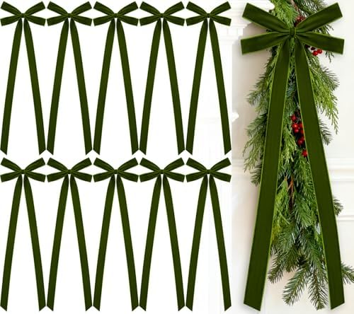 10 Pcs Moss Green Velvet Bows 22"x8" Pre-Tied Christmas Ornaments by Glitinsel