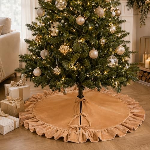 48-Inch Khaki Ruffled Velvet Christmas Tree Skirt with 3 Bow Ties, Large Round Vintage Xmas Tree Base Cover for Holiday Home and Party Decor, 122 cm - Image 3