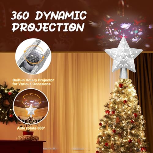 Christmas Tree Topper, Christmas Star Tree Topper Built-in LED Rotating Lights, Plug in 3D Sliver Glittered Star Tree Topper for Xmas Party Holiday Decorations - Image 3