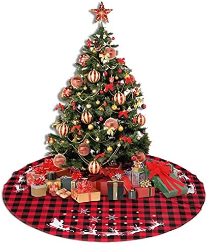 48 Inches Red Black Buffalo Plaid Christmas Tree Skirt Rustic Thick Xmas Tree Skirt with Snowflake Elk and Santa Claus Winter Happy New Year Decoration for Home Holiday Party - Image 3