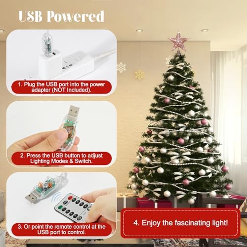 Lewondr Christmas Star Tree Topper with Lights and Sequins, Pink - Image 4
