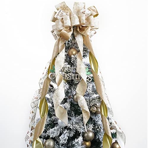 MEEDEE Champagne Christmas Tree Topper - 12" Wide Velvet Champagne & Gold Bows (1 Pack) by MEEDEE