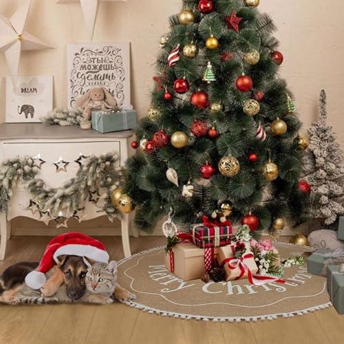 AerWo Christmas Tree Skirt 36 Inch, Burlap Tree Skirt Printed with White Snowflake and Merry Christmas Decor, Brown Tree Skirt for Christmas Decorations New Year Holiday Party Supply Indoor Outdoor - Image 4