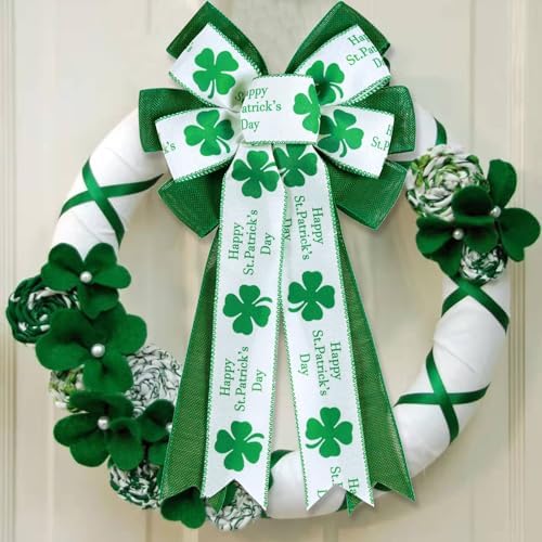 2 Pcs St Patricks Day Bows for Wreath Outdoor Decorations,St Patricks Day Tree Topper Bows,Large White Green Burlap Shamrock Bowknot Irish Holiday Crafts Bows for Front Door Decor - Image 5