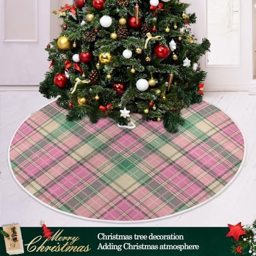 Blueangle 47.2 Inch Pink Green Plaid Christmas Tree Skirt Soft Polyester Skirt for Merry Christmas Party Christmas Tree Decoration - Image 6